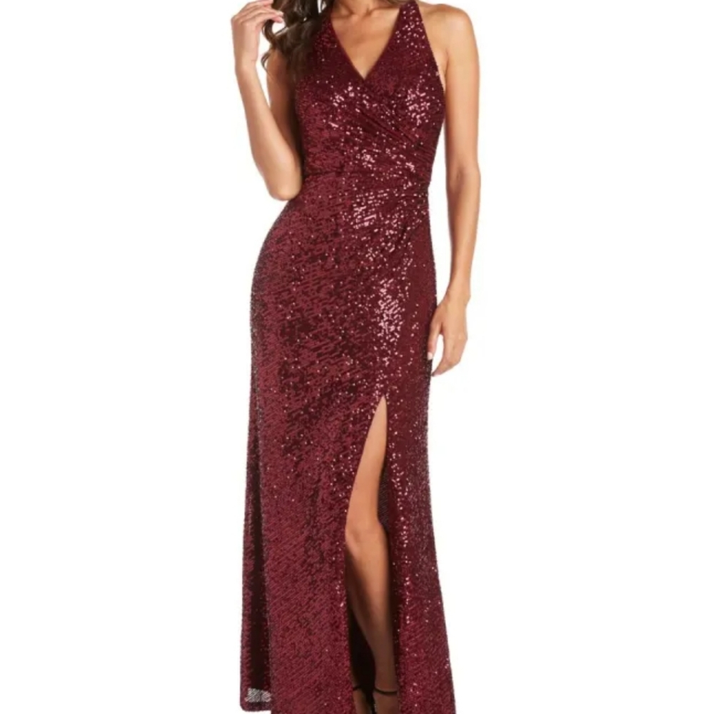 Long Stretch Sequin Mock Wrap Dress